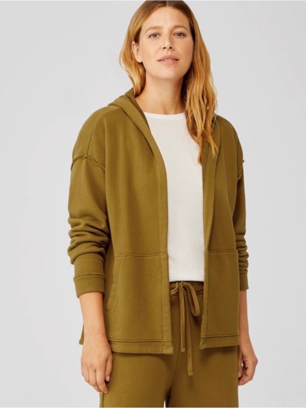 Eileen Fisher Organic Terry Cotton  Mustard Ochre Hoodie Jacket